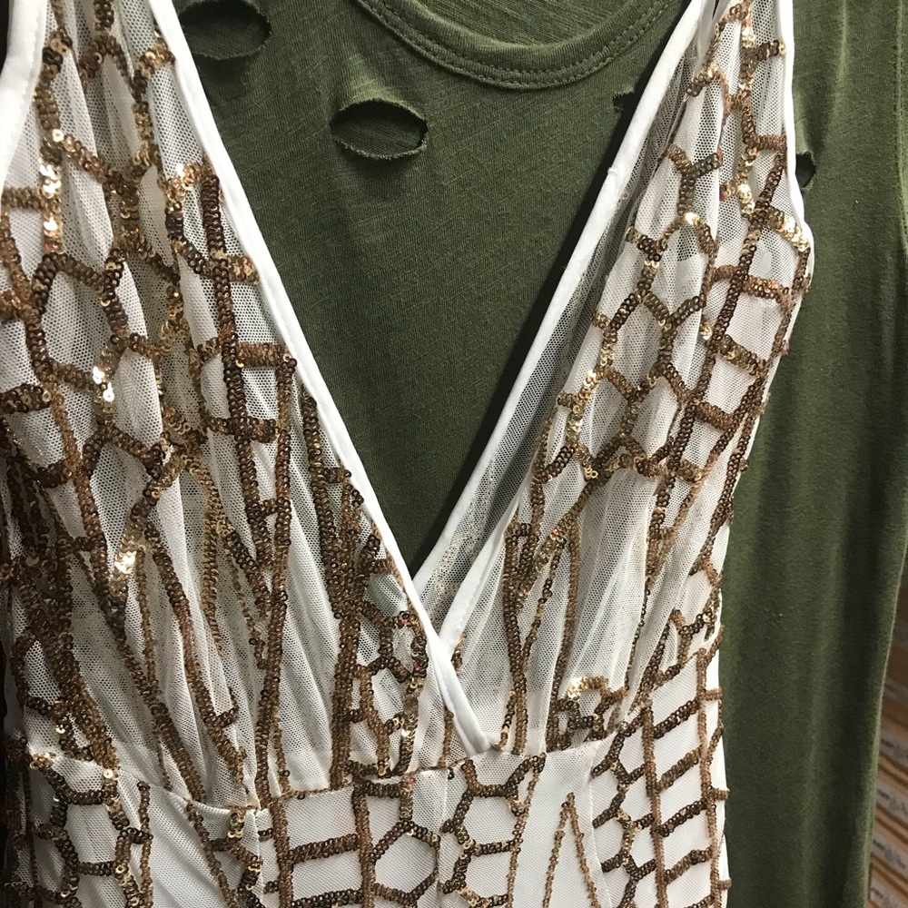 ❤️ Gold Sequin Sheer Sexy Slit Maxi Dress Gown - Picture 4 of 6